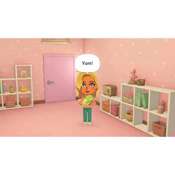 Cute Tomodachi Life character enjoying a watermelon in a cozy pink room.