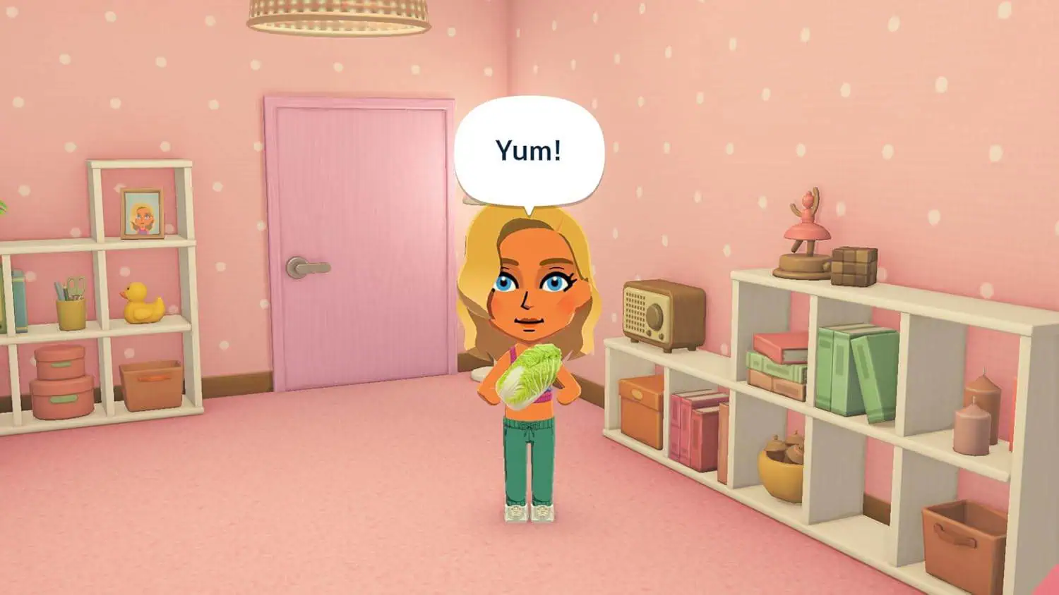 Cute Tomodachi Life character enjoying a watermelon in a cozy pink room.