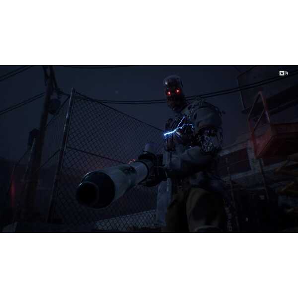 Advanced robotic soldier armed with rocket launcher in dark urban setting.