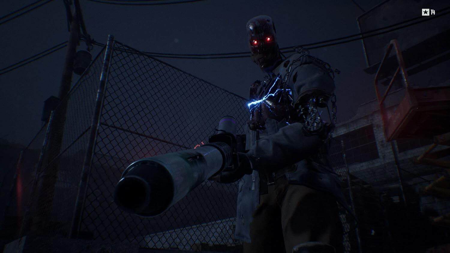 Advanced robotic soldier armed with rocket launcher in dark urban setting.
