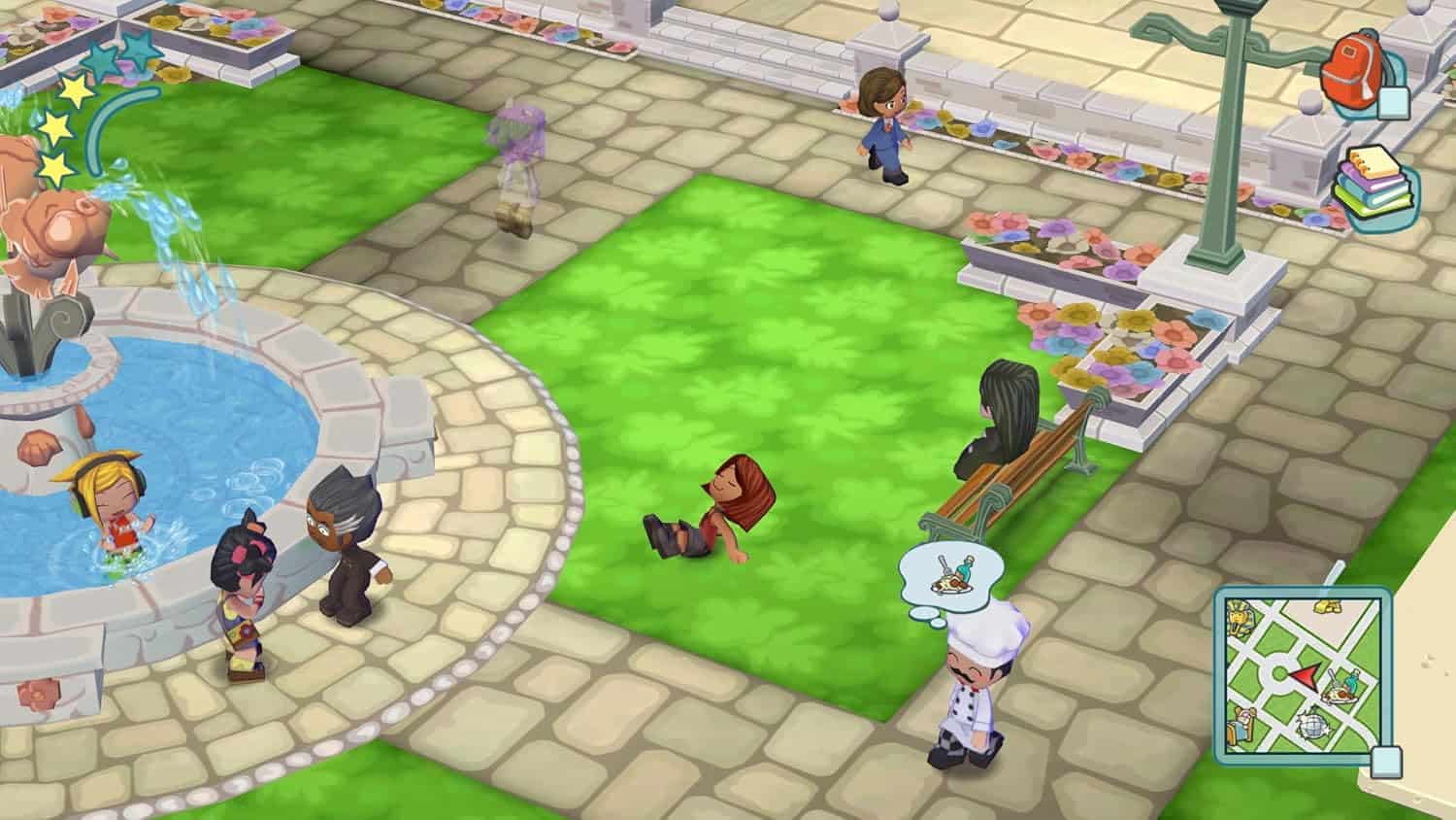 MySims Cozy Bundle gameplay with characters in a park setting.
