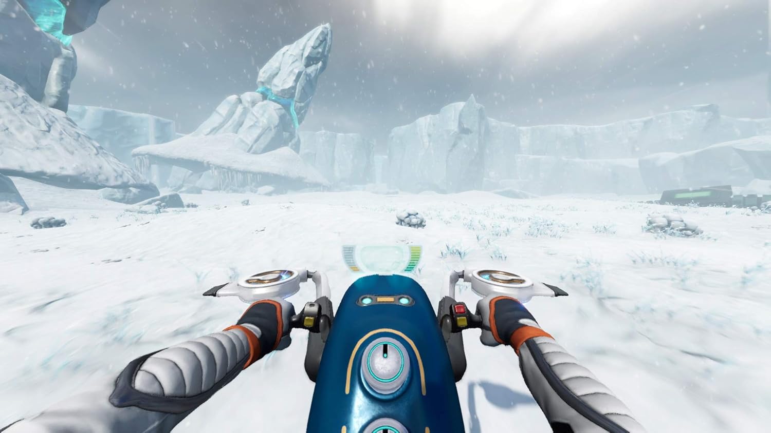 Arctic snow landscape with futuristic vehicle in a video game setting.