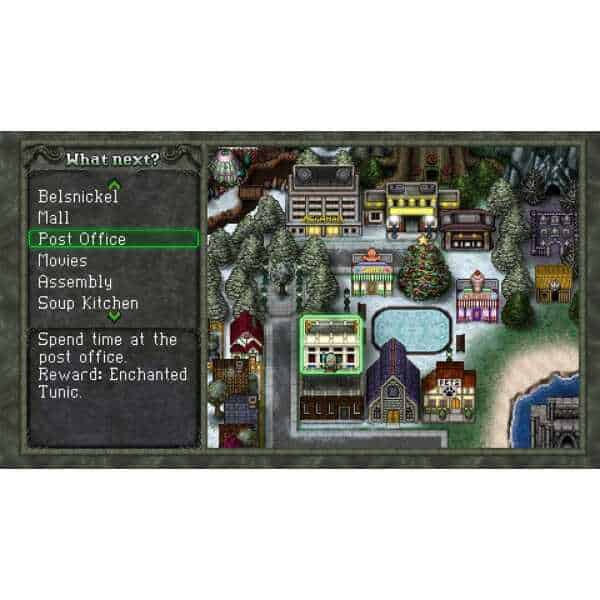 Bright pixel art of a colorful town with a post office, houses, trees, and a swimming pool, in a ret.