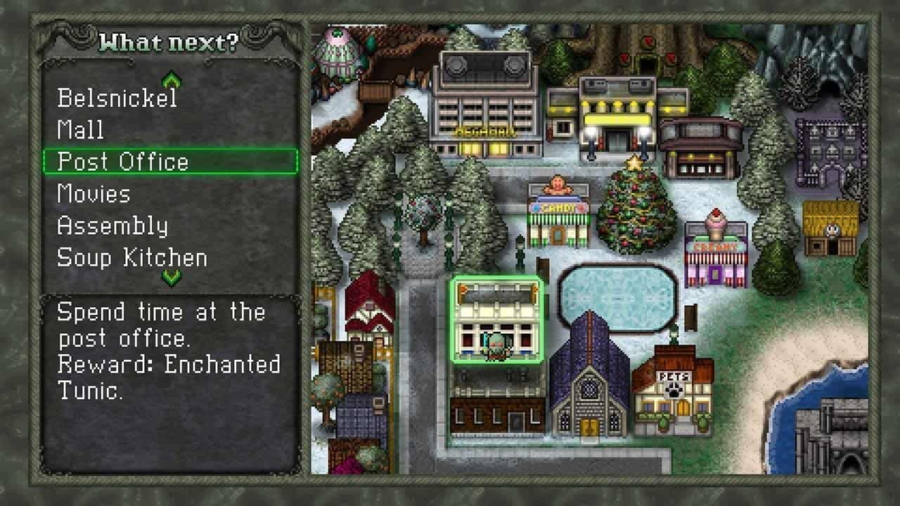 Bright pixel art of a colorful town with a post office, houses, trees, and a swimming pool, in a ret.