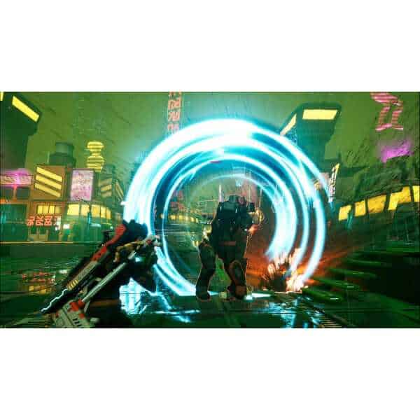 Futuristic cyberpunk scene with portal and armed characters in neon-lit city.