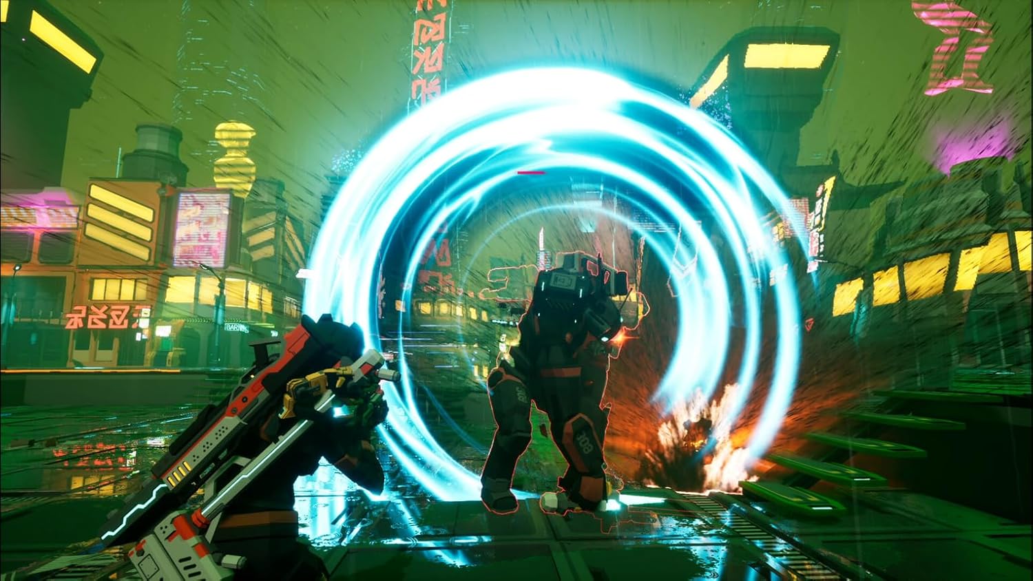 Futuristic cyberpunk scene with portal and armed characters in neon-lit city.