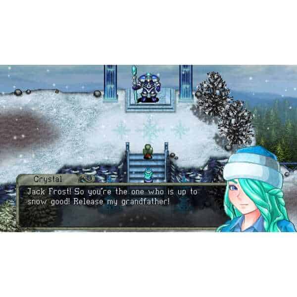 A lush, snowy fantasy scene featuring a character with turquoise hair and a winter hat, standing bef.