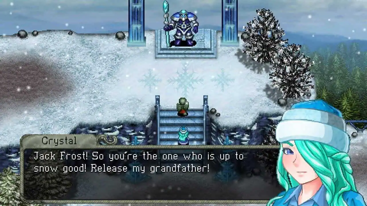 A lush, snowy fantasy scene featuring a character with turquoise hair and a winter hat, standing bef.