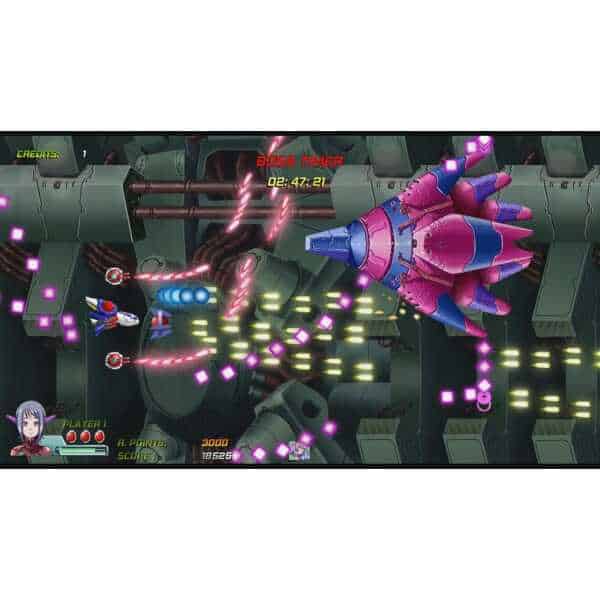 Arcade space shooter game featuring a pink spaceship battling enemies in a sci-fi setting.
