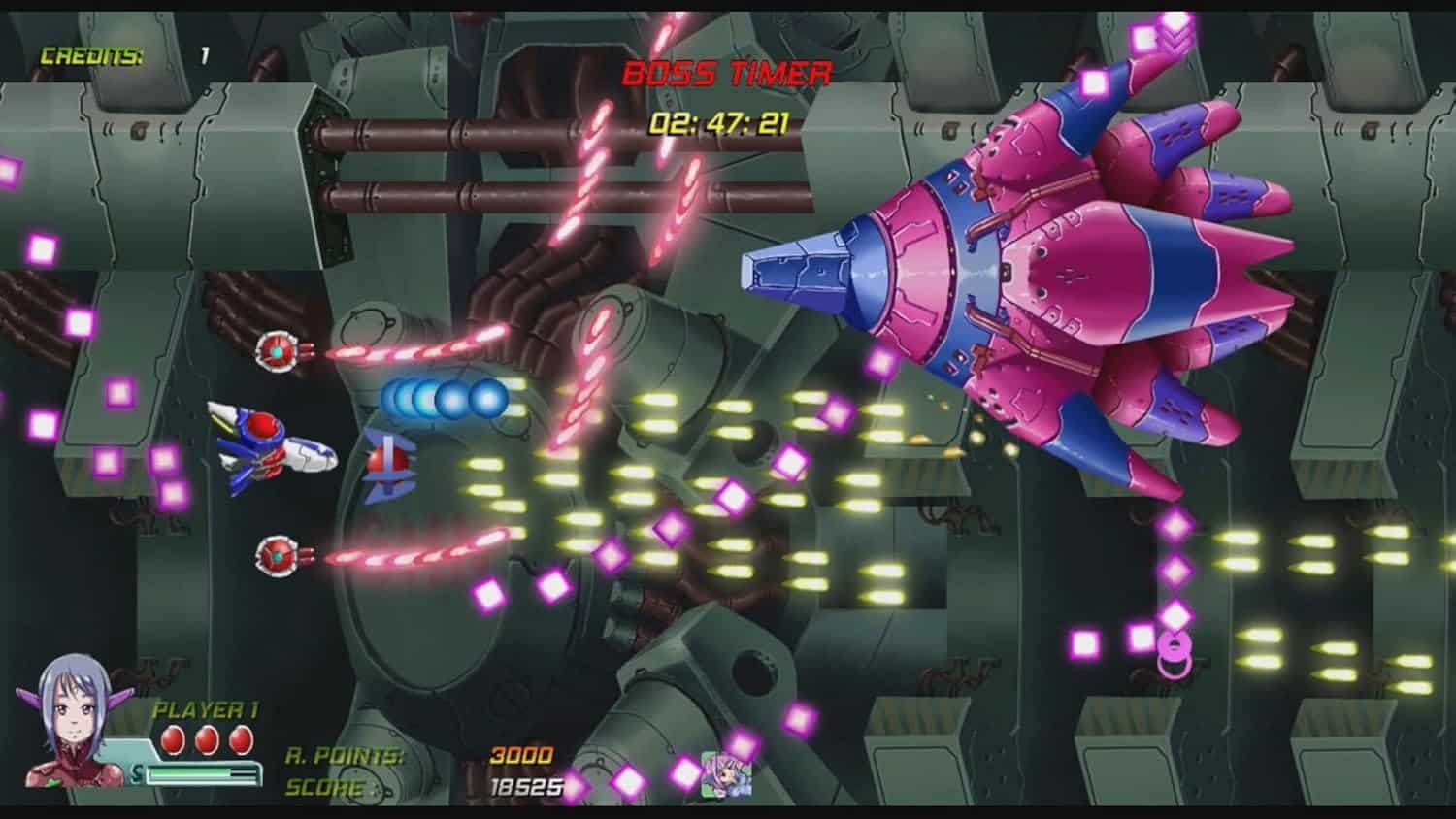Arcade space shooter game featuring a pink spaceship battling enemies in a sci-fi setting.