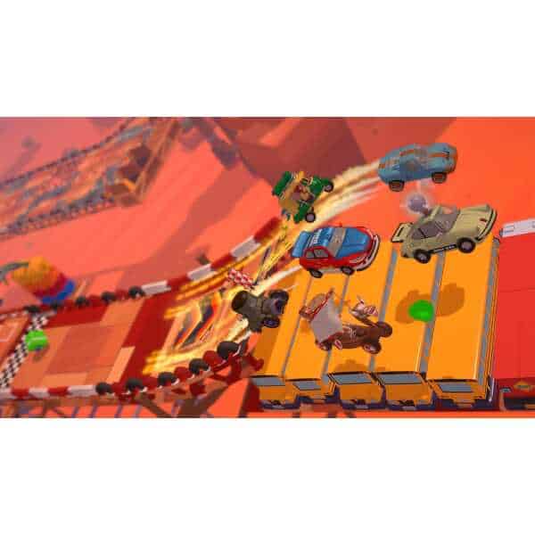 Racing toy cars and gameware in a colorful, dynamic 3D scene with fast-moving vehicles and playful e.