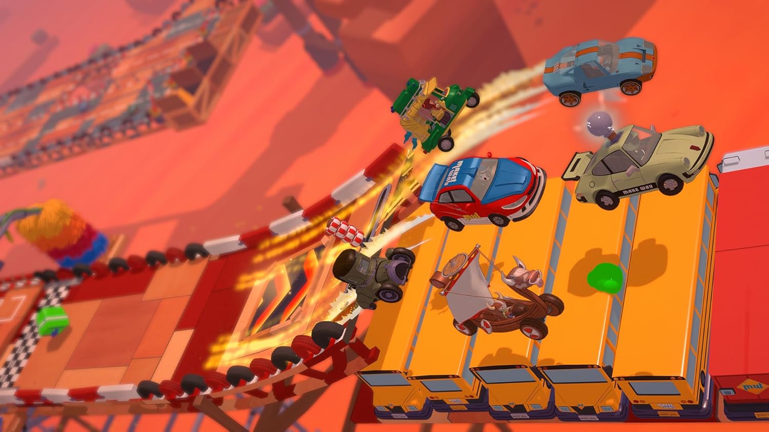 Racing toy cars and gameware in a colorful, dynamic 3D scene with fast-moving vehicles and playful e.