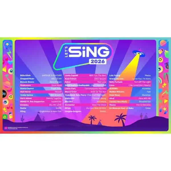 Let's Sing 2026 music event poster with song titles and artists.