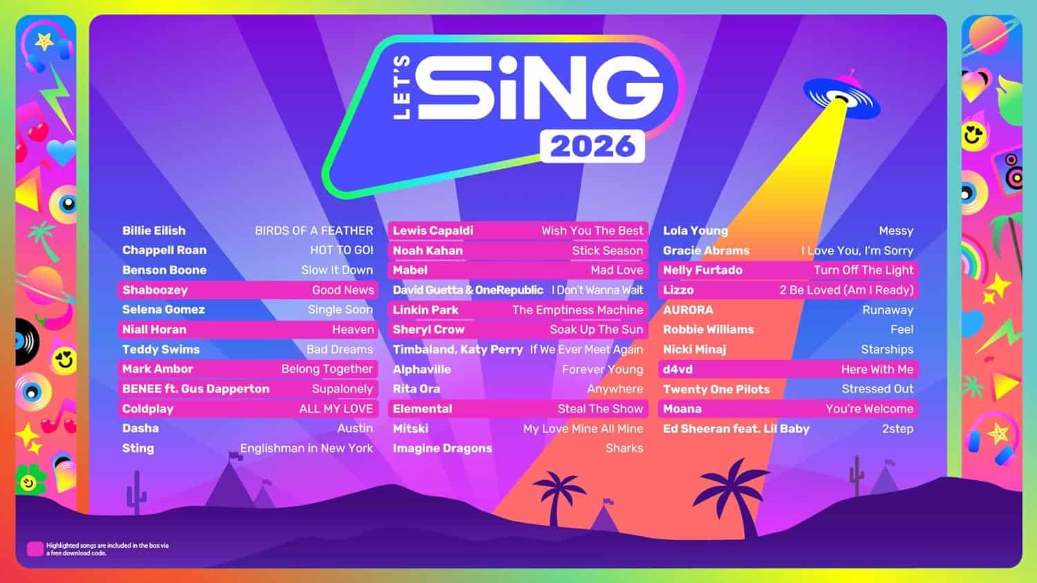 Let's Sing 2026 music event poster with song titles and artists.