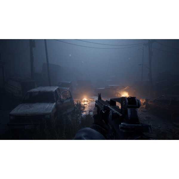 Post-apocalyptic urban scene with destroyed vehicles and dark, foggy atmosphere.