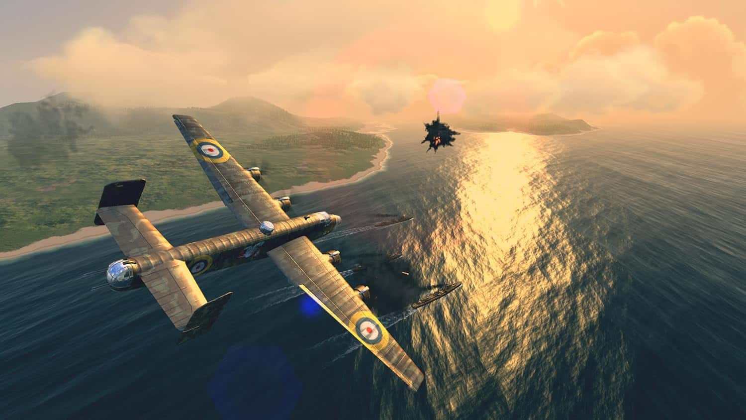 An intense aerial combat scene featuring WWI and WWII warplanes engaging in a dogfight over the ocea.