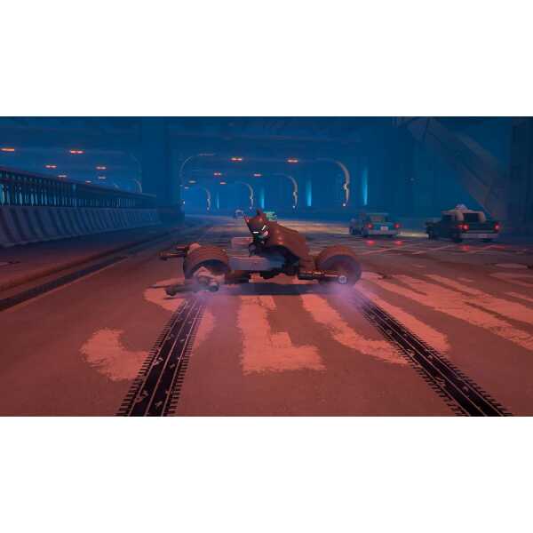 LEGO Batman riding a motorcycle in a futuristic cityscape at night.