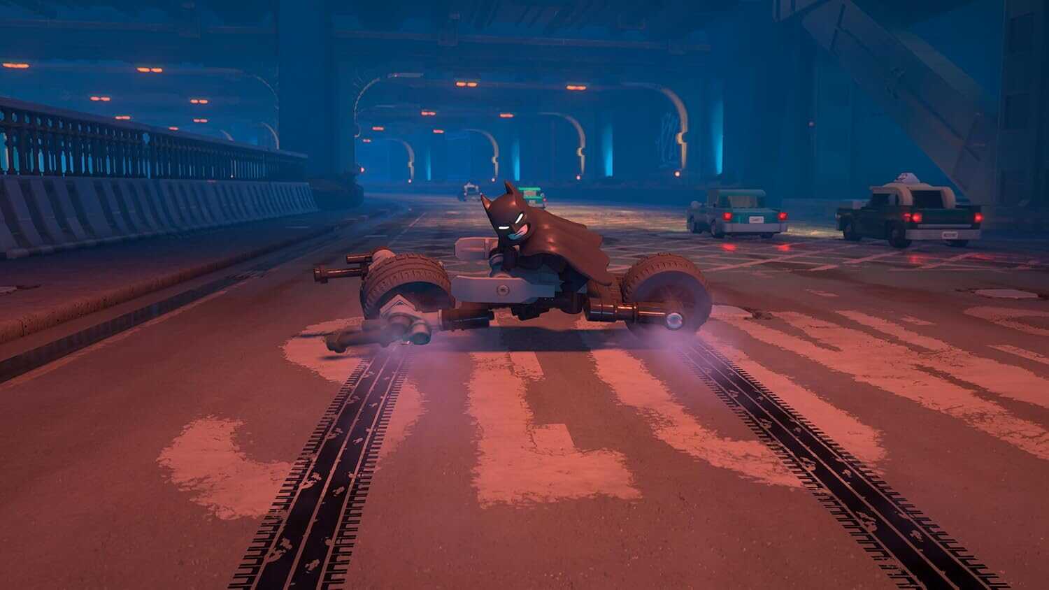 LEGO Batman riding a motorcycle in a futuristic cityscape at night.