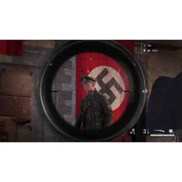 Nazi soldier in uniform seen through a sniper scope, with a swastika banner in the background, durin.