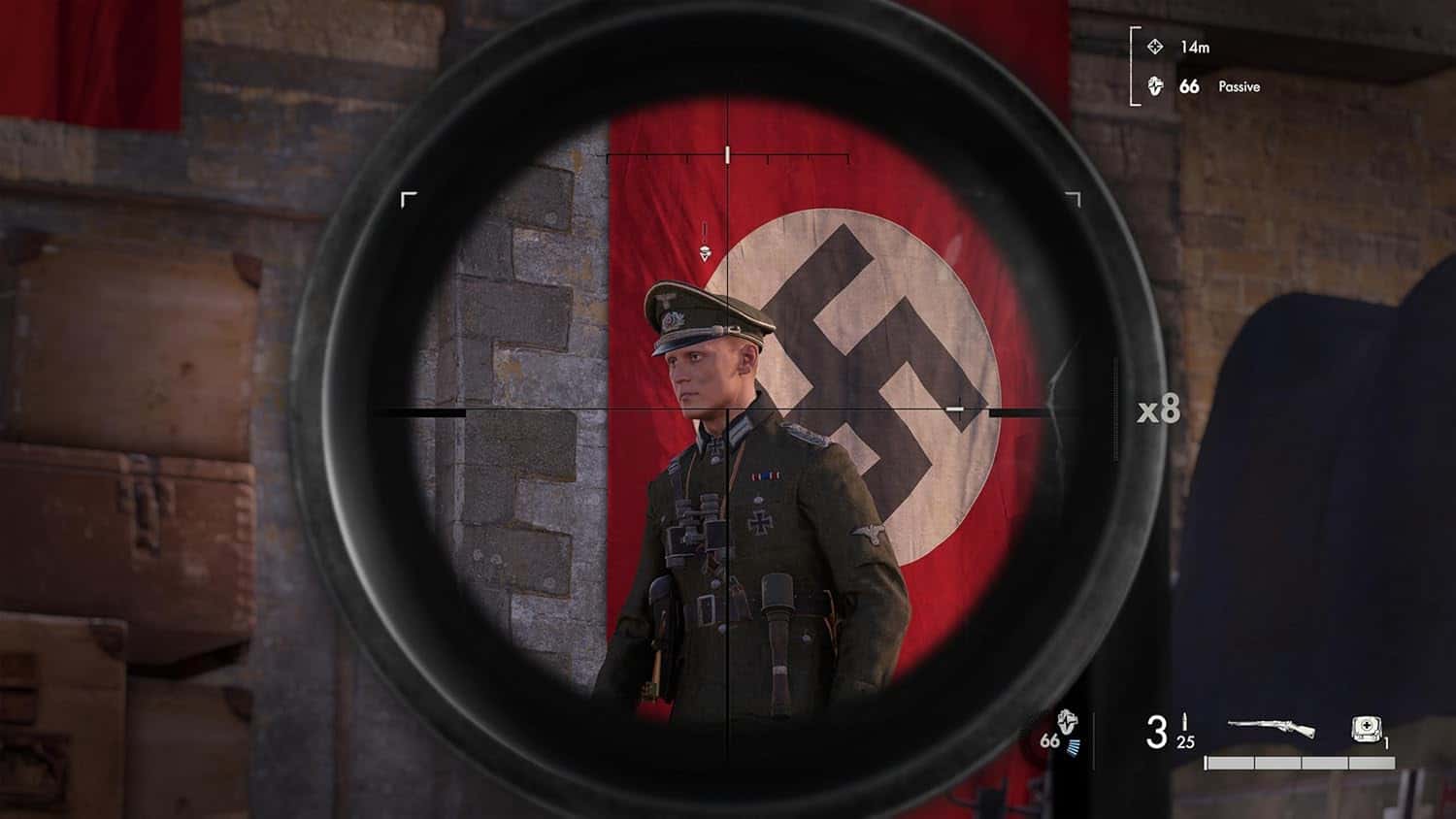 Nazi soldier in uniform seen through a sniper scope, with a swastika banner in the background, durin.