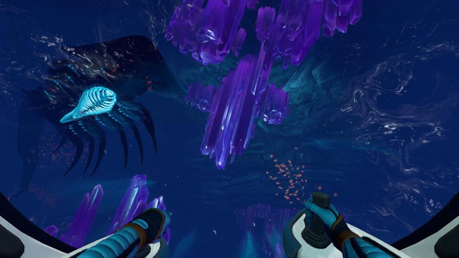 Immersive underwater scene with vibrant crystals and aquatic creatures for gaming experience.