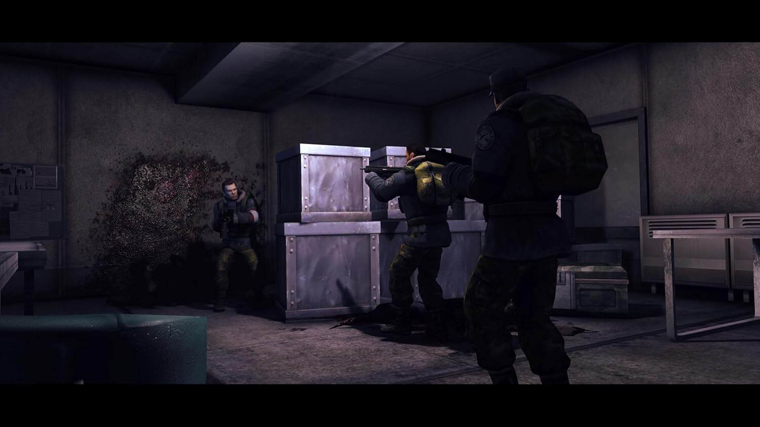 Tactical team in combat gear prepares to breach a room in a high-stakes operation.