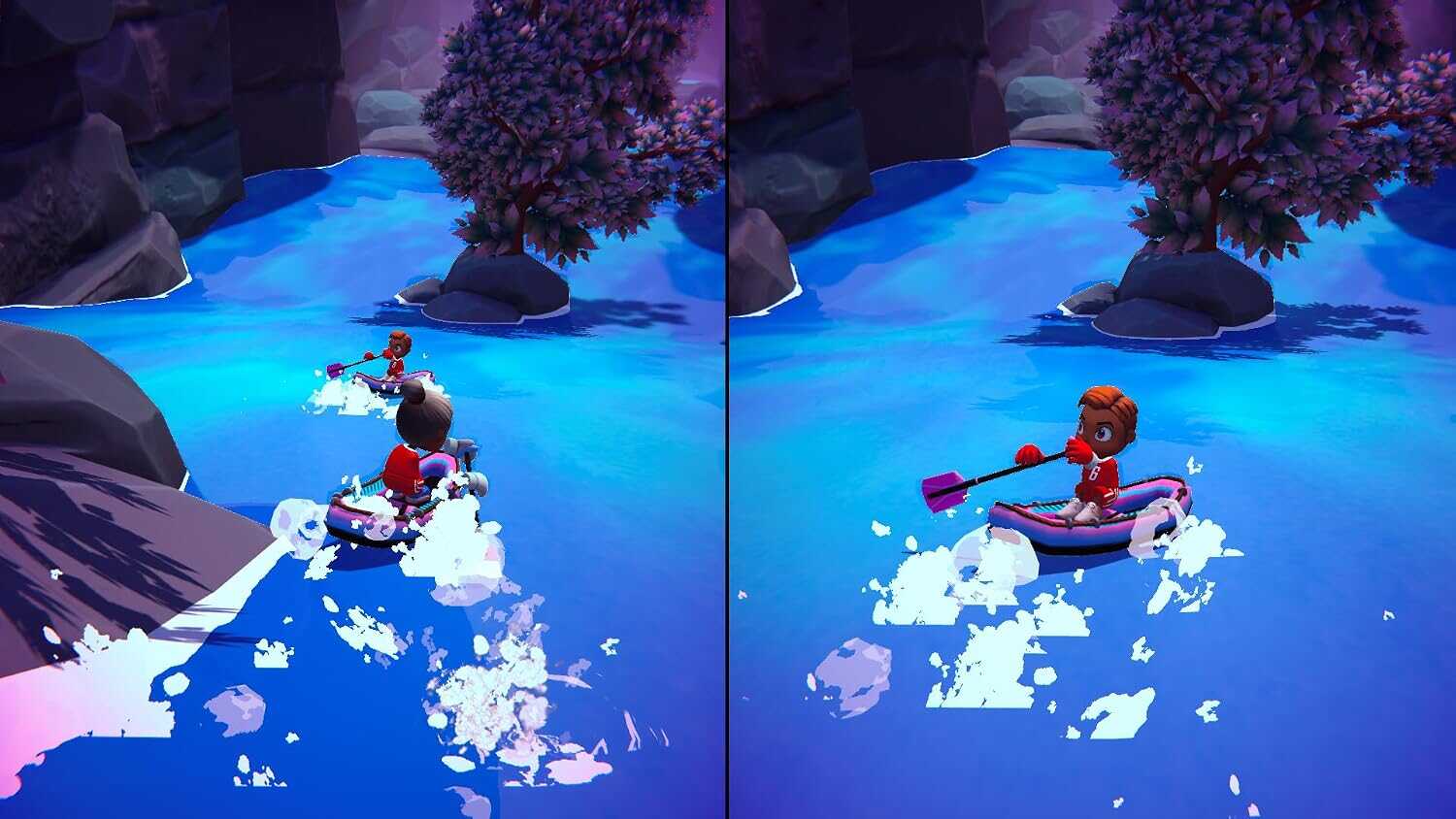 Players kayaking on a vibrant blue river in Instant Sports 2 game.