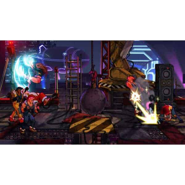 Arcade scene from Streets of Rage 4 featuring characters battling in a neon-lit industrial environme.