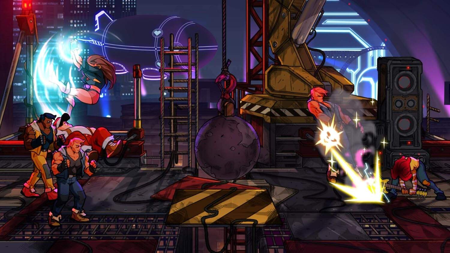 Arcade scene from Streets of Rage 4 featuring characters battling in a neon-lit industrial environme.