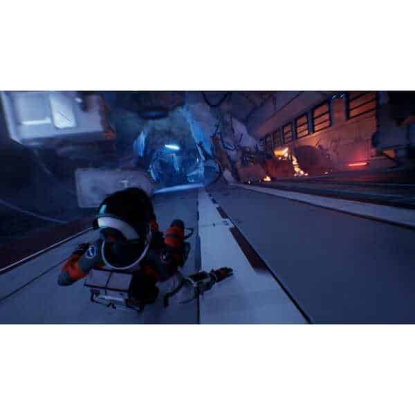 Space explorer in a futuristic spaceship corridor with neon lighting.
