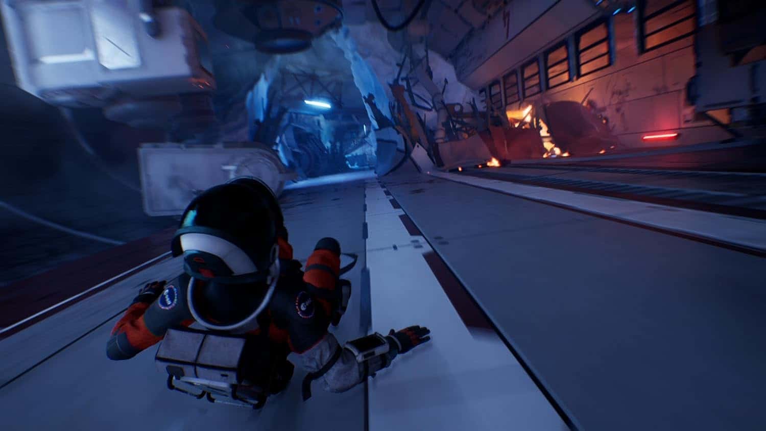 Space explorer in a futuristic spaceship corridor with neon lighting.