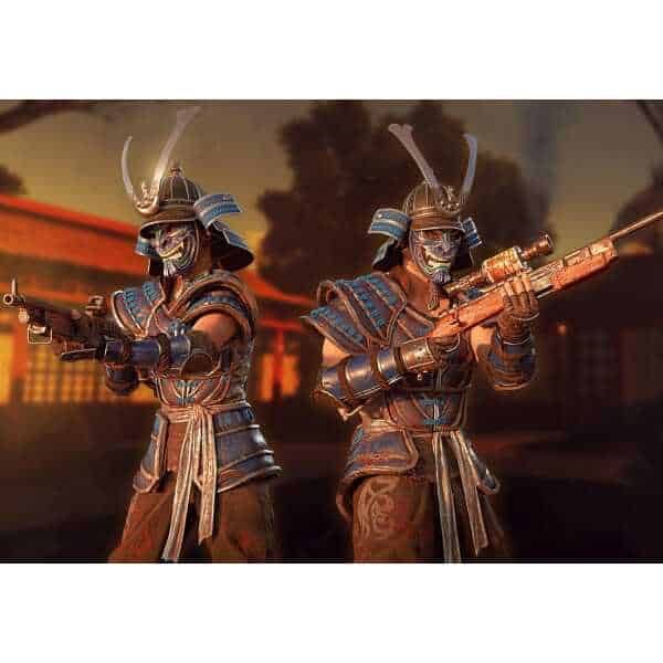Samurai warriors in detailed armor holding guns, ready for battle.