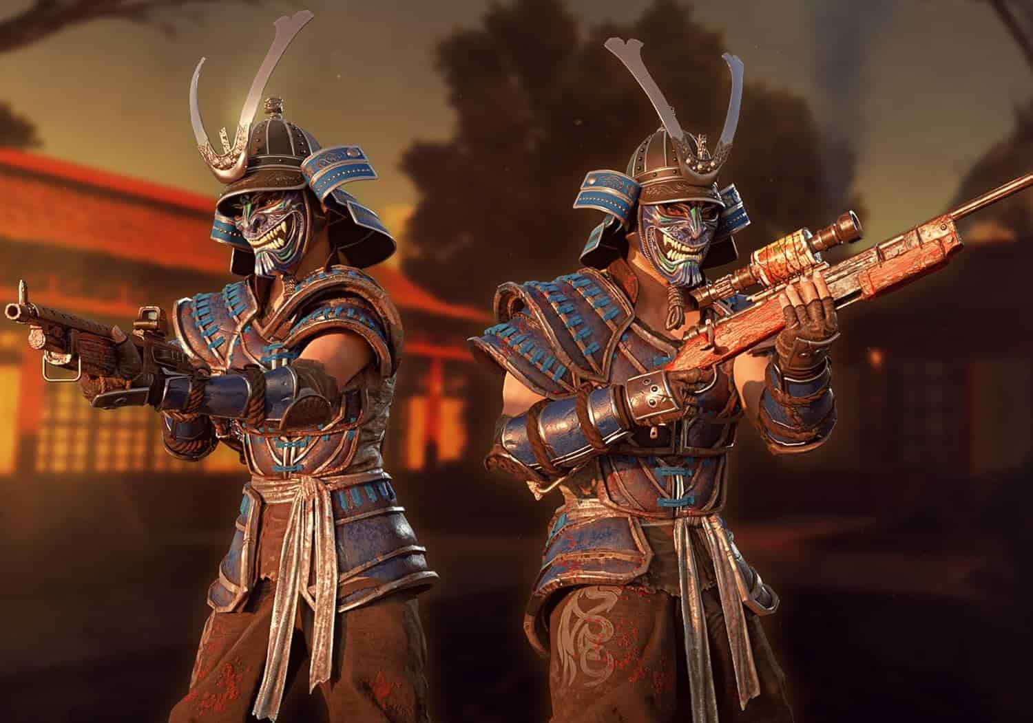 Samurai warriors in detailed armor holding guns, ready for battle.