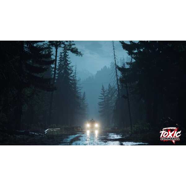 Dark forest scene with a vehicle headlights illuminating a muddy road.