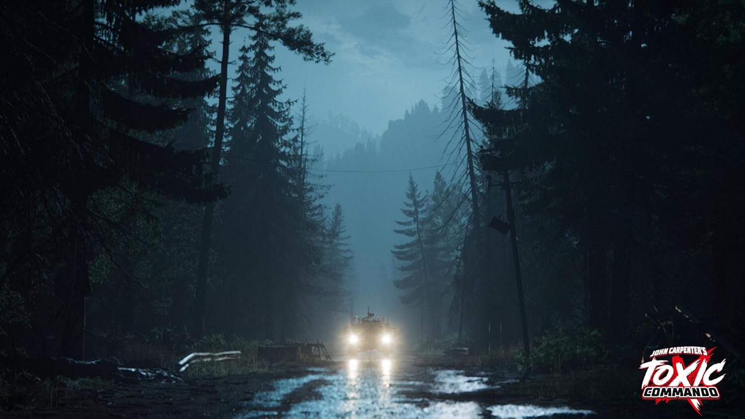 Dark forest scene with a vehicle headlights illuminating a muddy road.