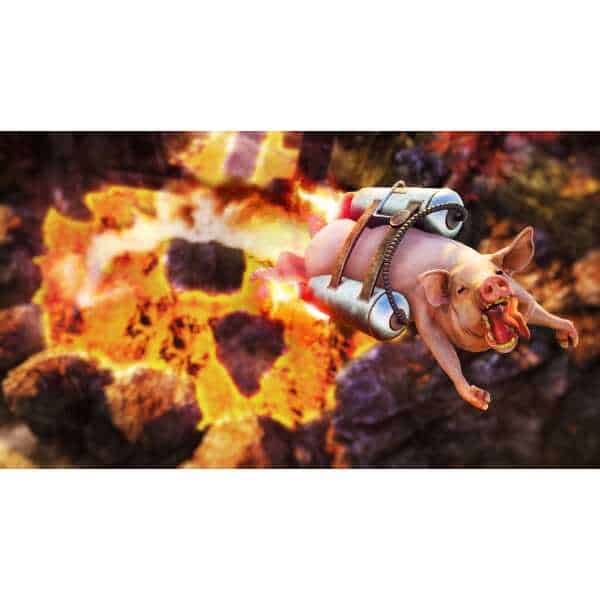 Pig flying with jetpack and explosion background in Goat Simulator 3.