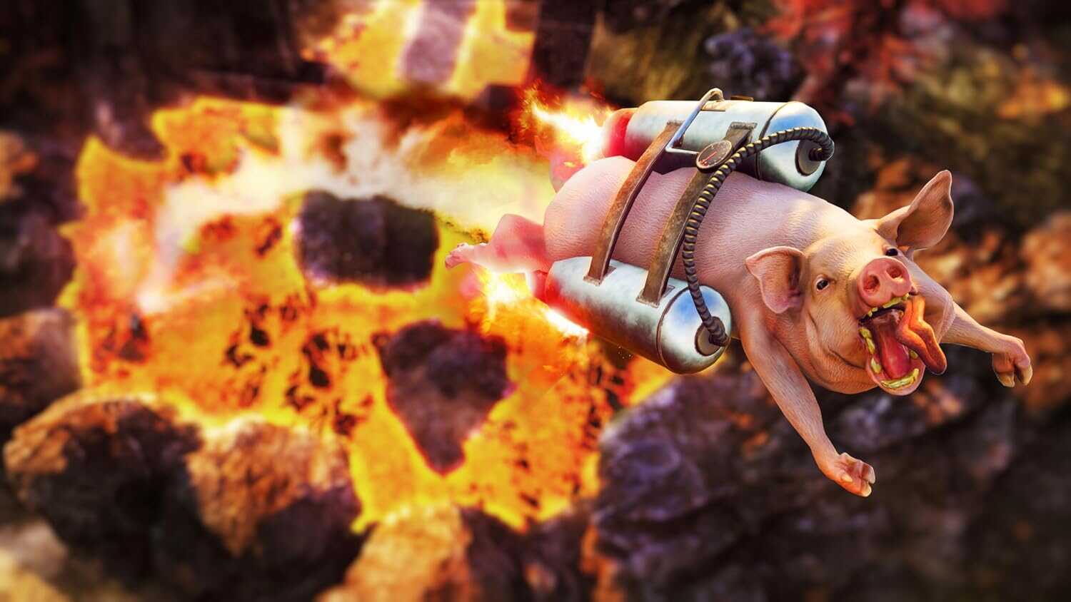 Pig flying with jetpack and explosion background in Goat Simulator 3.