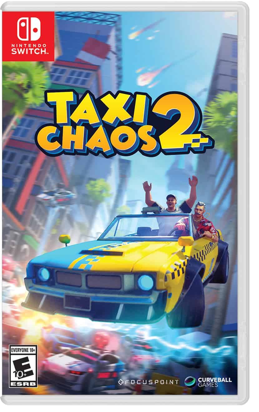 Cover art for Taxi Chaos 2 featuring a yellow taxi with two characters in a city scene.