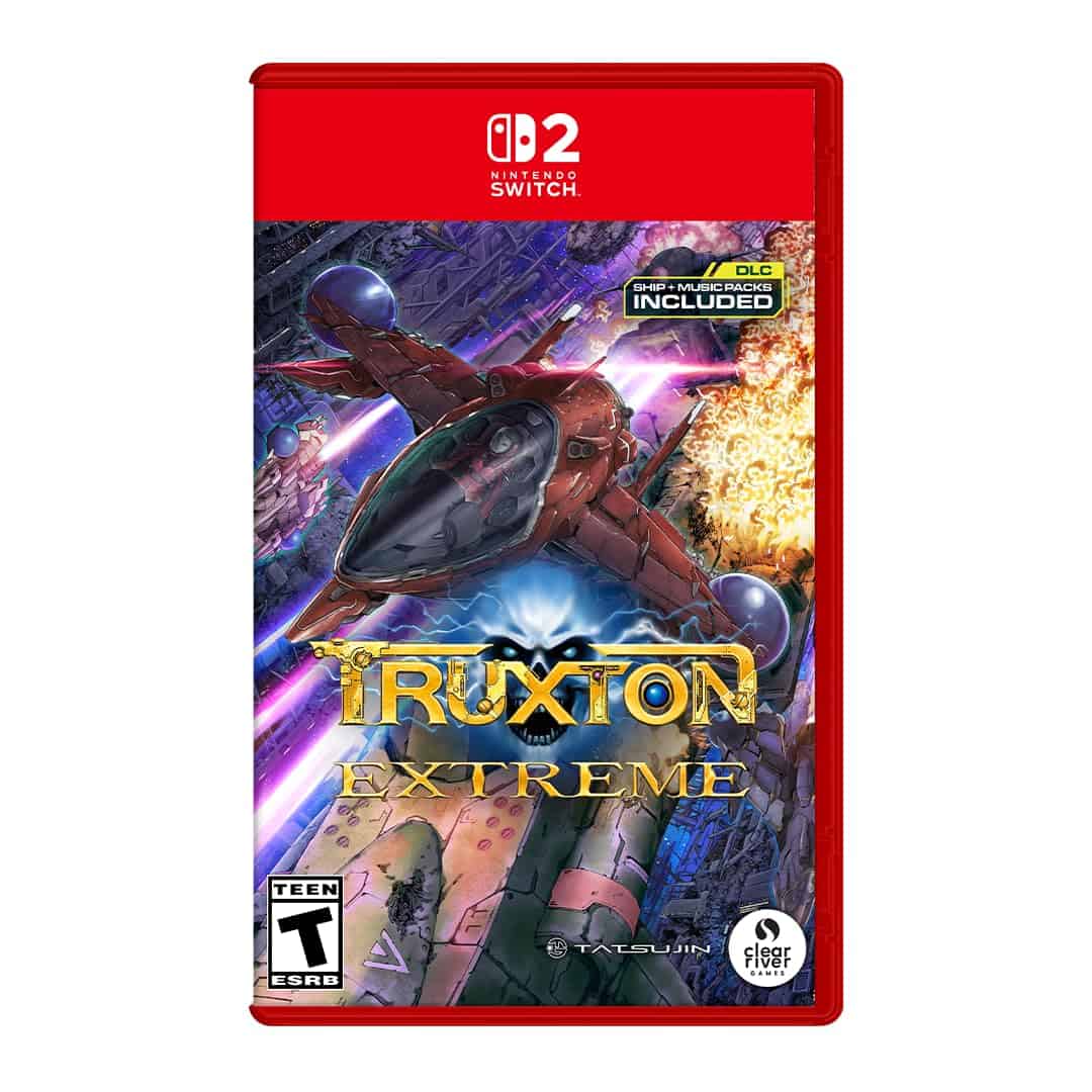 A detailed, high-energy image of the "Truxton Extreme" Nintendo Switch game cover, featuring a futur.