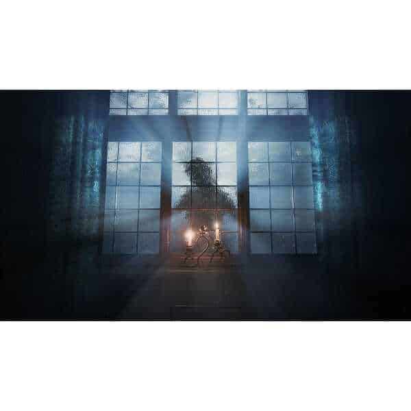 Haunted window with candlelight and shadowy figure in Layers of Fear game.