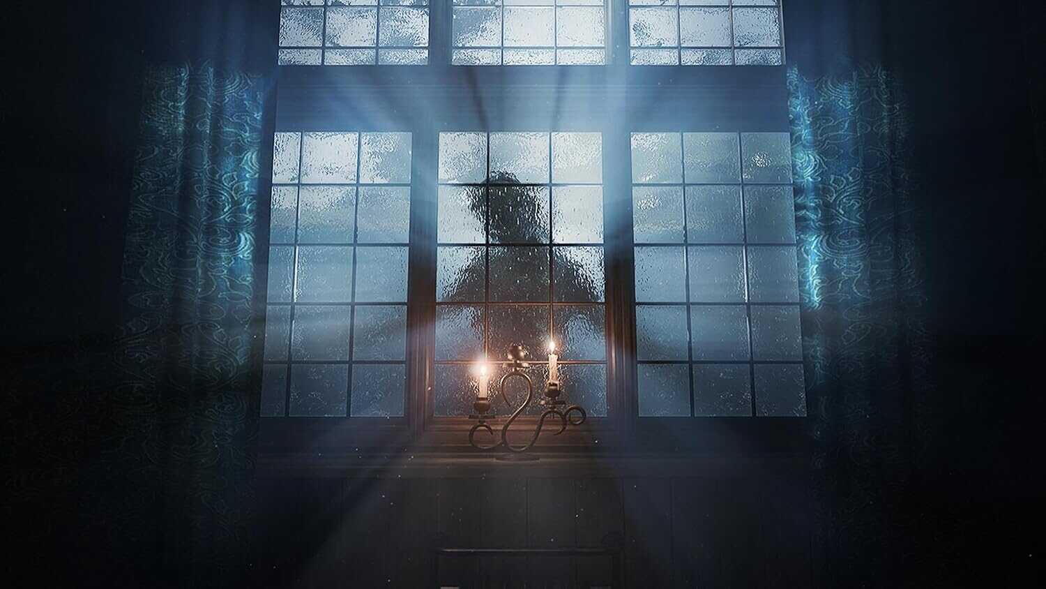 Haunted window with candlelight and shadowy figure in Layers of Fear game.
