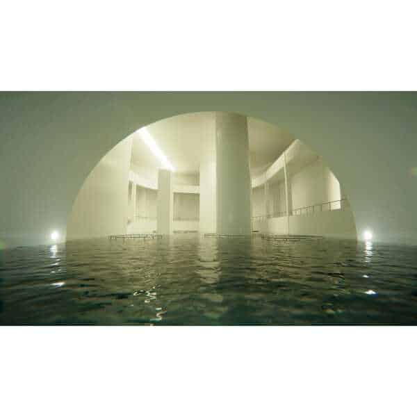 Modern architectural interior with water feature and curved design elements.