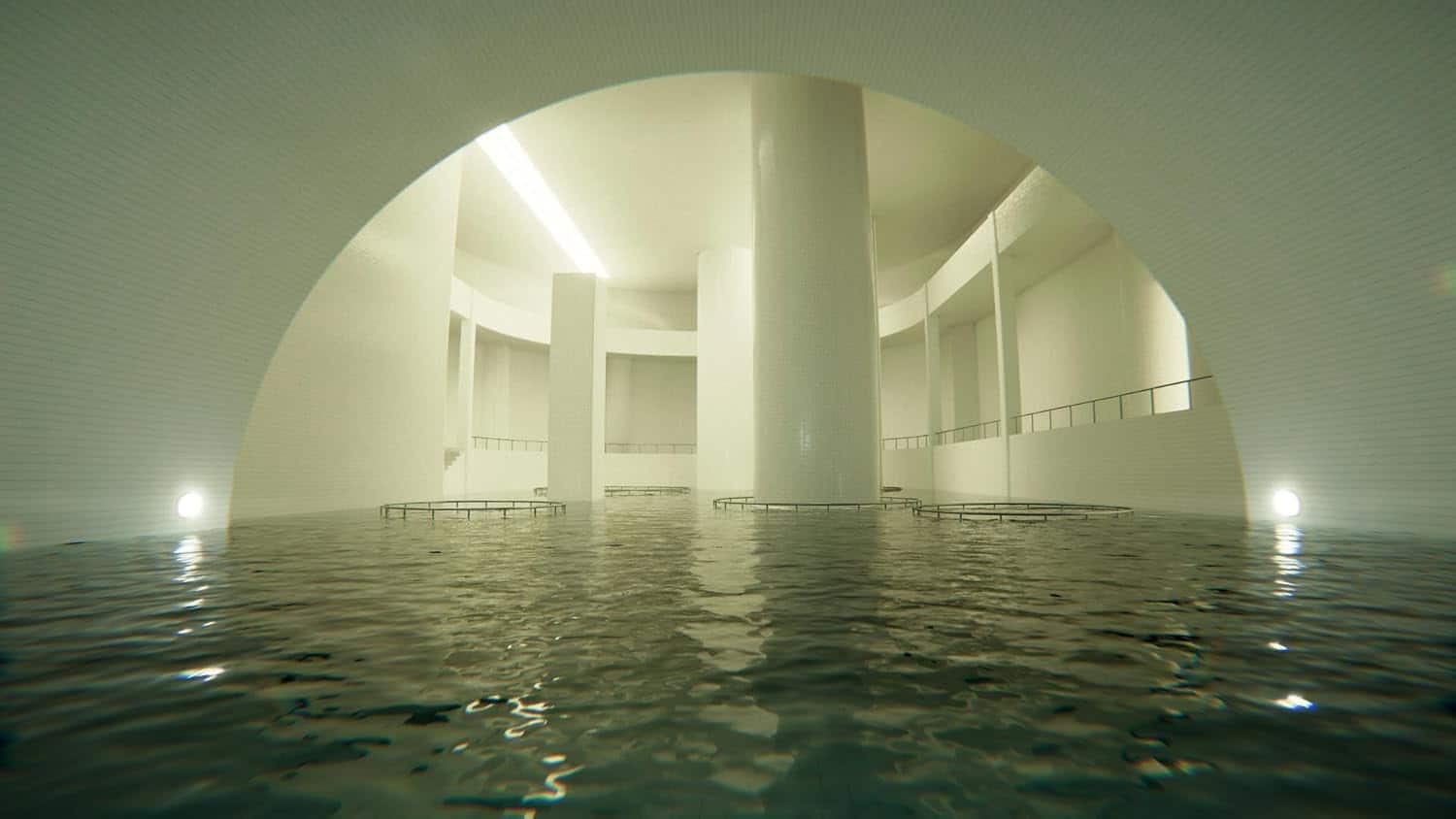 Modern architectural interior with water feature and curved design elements.