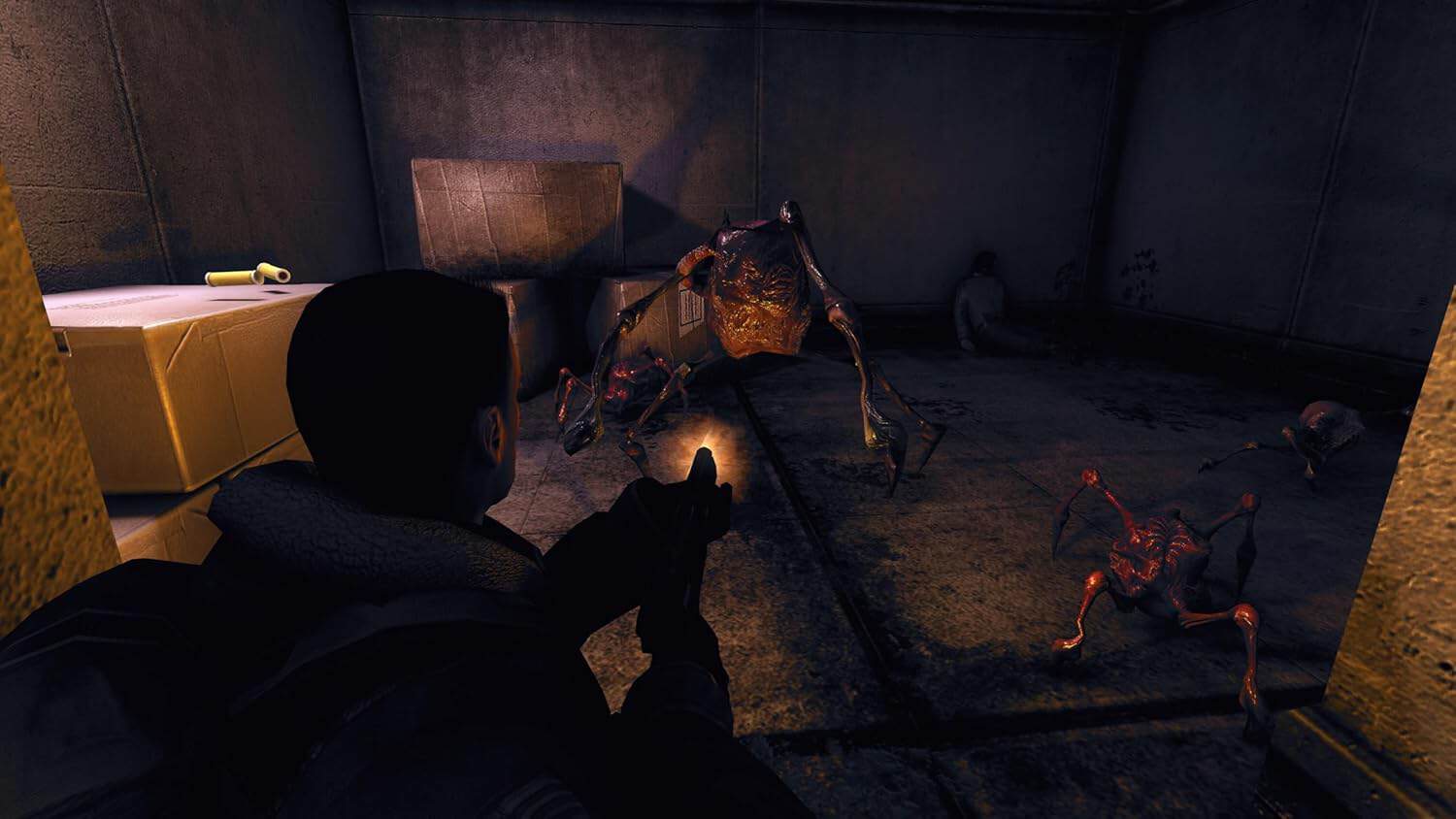 Alien invasion game scene with a player confronting extraterrestrial creatures in a dark, industrial.