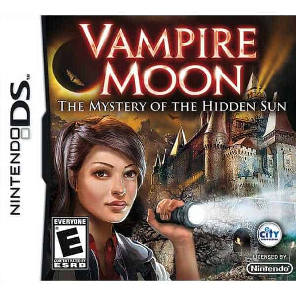 Vampire Moon game cover with a woman holding a flashlight in front of a haunted castle.