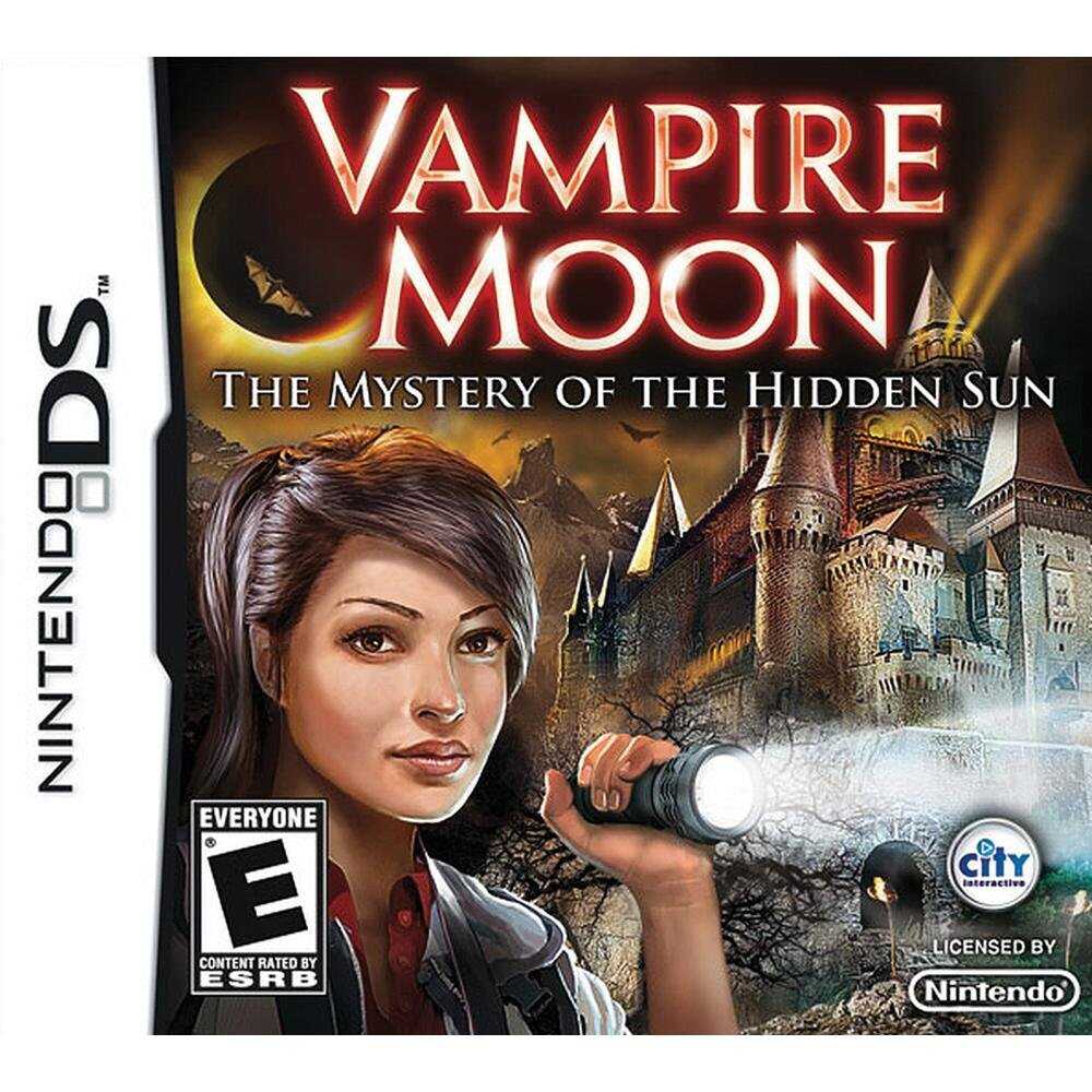 Vampire Moon game cover with a woman holding a flashlight in front of a haunted castle.