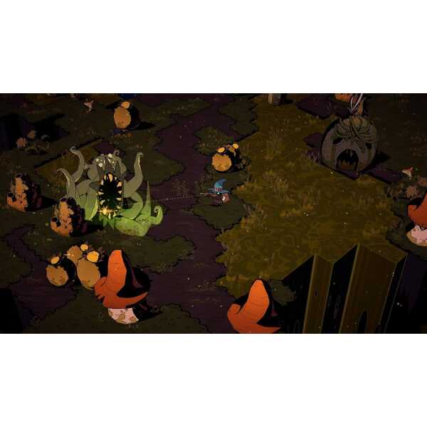 Spooky Halloween monsters battling in a dark, eerie landscape.