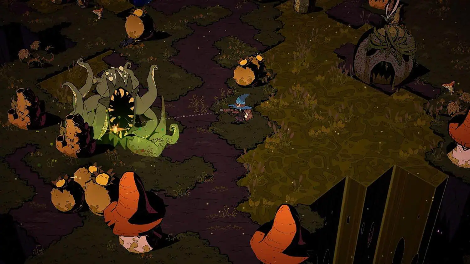 Spooky Halloween monsters battling in a dark, eerie landscape.