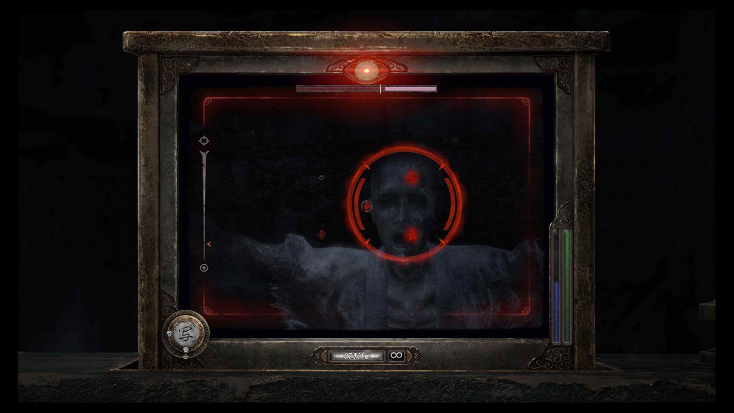 Horror-themed gaming monitor displaying a terrifying zombie face with red targeting overlay.