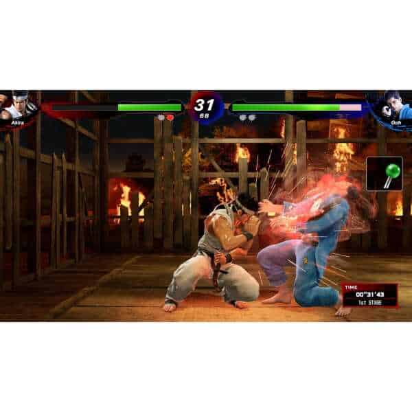 Virtua Fighter 5 R.E.V.O. gameplay with fighters in combat on a fiery stage.
